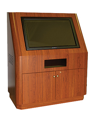 MKR-46 Radius Style Kiosk in Glamour Cherry Luxe Laminate - Closed View